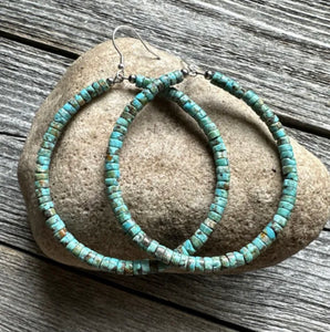 Sterling Silver Heishi Turquoise W Pearls Bead Hoop Earrings. 3 Inch