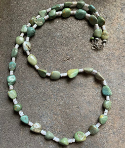Sterling Silver Green Turquoise Nuggets with Heishi Bead Necklace. 36 inch