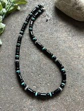 Load image into Gallery viewer, Sterling Silver Graduated Black Onyx Turquoise Bead Necklace. 20 Inch