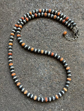 Load image into Gallery viewer, Sterling Silver Orange Spiny Oyster with 6mm Pearls Bead Necklace. 22 inch