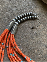 Load image into Gallery viewer, Sterling Silver Multi Strand Orange Coral W Turquoise Bead Necklace. 24 inch