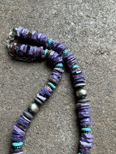 Load image into Gallery viewer, Sterling Silver Charoite Turquoise Bead Necklace. 18 Inch