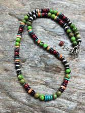 Load image into Gallery viewer, Sterling Silver Green Turquoise Spiny Multi Stone Bead Necklace. 18 Inch