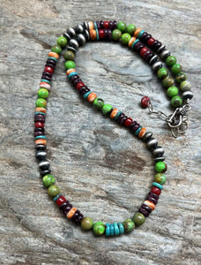 Sterling Silver Green Turquoise Spiny Multi Stone Bead Necklace. 18 Inch