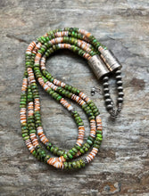 Load image into Gallery viewer, Sterling Silver Multi Strand Green Turquoise Spiny Oyster Bead Necklace. 20 inch