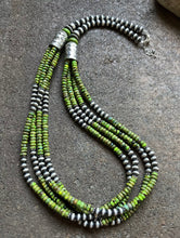 Load image into Gallery viewer, Sterling Silver Multi Strand Green Turquoise W Pearls Bead Necklace. 28 inch