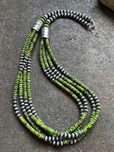 Sterling Silver Multi Strand Green Turquoise W Pearls Bead Necklace. 28 inch