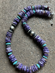 Sterling Silver Charoite Turquoise Bead Necklace. 18 Inch