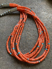 Load image into Gallery viewer, Sterling Silver Multi Strand Orange Coral W Turquoise Bead Necklace. 24 inch