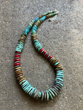 Load image into Gallery viewer, Sterling Silver Blue Green Turquoise W Red Coral Bead Necklace 19 Inch