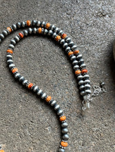 Load image into Gallery viewer, Sterling Silver Orange Spiny Oyster W 6mm Pearls Bead Necklace. 24 inch