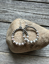 Load image into Gallery viewer, Sterling Silver Pink Conch W Pearls Bead Hoop Earrings. 2.5 Inch.