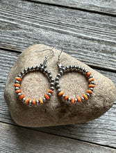 Load image into Gallery viewer, Sterling Silver Orange Spiny Oyster W Pearls Bead Hoop Earrings. 2.25 Inch.