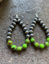 Load image into Gallery viewer, Sterling Silver Green Turquoise W Pearls Bead Loop Earrings.