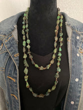 Load image into Gallery viewer, Sterling Silver Green Turquoise Nuggets with Heishi Bead Necklace. 60 inch