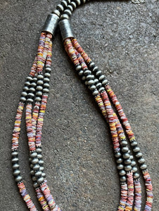 Sterling Silver Multi Strand Multi Color Shell W Pearls Bead Necklace. 26 inch