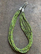 Load image into Gallery viewer, Sterling Silver Multi Strand Green Turquoise Heishi Bead Necklace. 22 inch