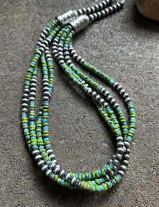 Sterling Silver Multi Strand Blue Green Turquoise Bead Necklace. 24 inch