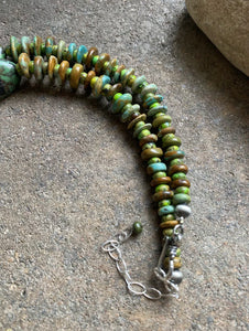 Long Sterling Silver Green Turquoise Bead Necklace. 32 inch