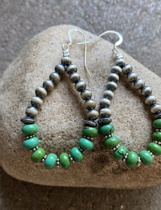 Sterling Silver Green Turquoise W Pearls Bead Loop Earrings.