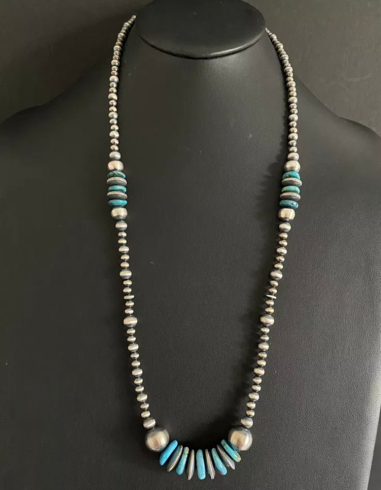 Long Sterling Silver Blue Turquoise Navajo Pearls Bead Necklace. 30 inch