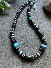 Load image into Gallery viewer, Sterling Silver Turquoise Nuggets W Purple Spiny Oyster Bead Necklace 19 inch