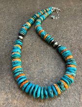 Load image into Gallery viewer, Sterling Silver Turquoise W Orange Spiny Oyster Bead Necklace. 18 inch