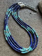 Load image into Gallery viewer, Sterling Silver Multi Strand Stone Lapis Turquoise Bead Necklace. 24 inch