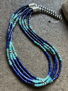 Sterling Silver Multi Strand Stone Lapis Turquoise Bead Necklace. 24 inch