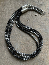 Load image into Gallery viewer, Sterling Silver Multi Strand Black Onyx W Navajo Pearls Bead Necklace. 25.5 Inch