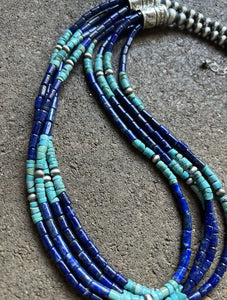 Sterling Silver Multi Strand Stone Lapis Turquoise Bead Necklace. 24 inch