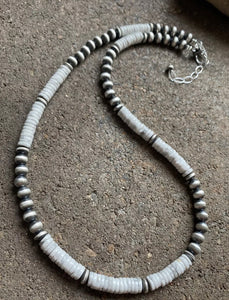 Sterling Silver White Buffalo Turquoise W Navajo Pearls Bead Necklace. 18 inch