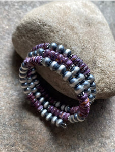 Sterling Silver Purple Spiny Oyster Pearls Bead Wrap Spiral Bracelet Free Size