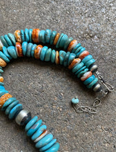 Load image into Gallery viewer, Sterling Silver Graduated Blue Turquoise Spiny Oyster Bead Necklace 20 Inch