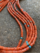 Load image into Gallery viewer, Sterling Silver Multi Strand Orange Coral W Turquoise Bead Necklace. 24 inch