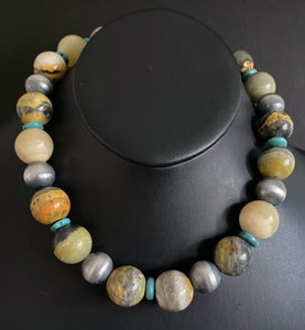 Sterling Silver Bumblebee Jasper W 16mm Navajo Pearls Bead Necklace. 18 inch