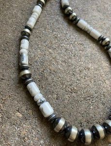 Sterling Silver White Buffalo Turquoise W Navajo Pearls Bead Necklace. 23.5 inch