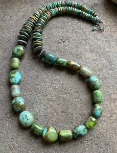 Sterling Silver Green Turquoise Bead Necklace. 26 inch