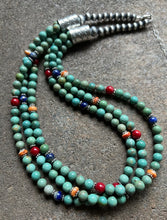 Load image into Gallery viewer, Sterling Silver Green Turquoise Multi Strand Multi Stone Bead Necklace. 24 inch