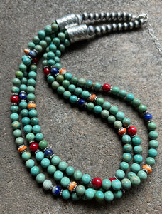 Sterling Silver Green Turquoise Multi Strand Multi Stone Bead Necklace. 24 inch