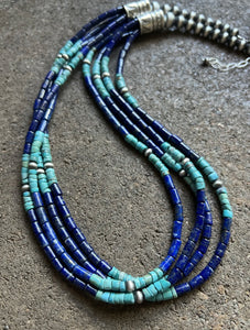 Sterling Silver Multi Strand Stone Lapis Turquoise Bead Necklace. 24 inch