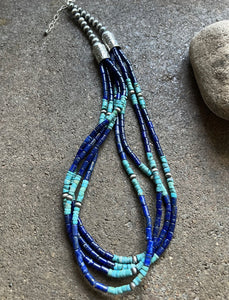 Sterling Silver Multi Strand Stone Lapis Turquoise Bead Necklace. 24 inch