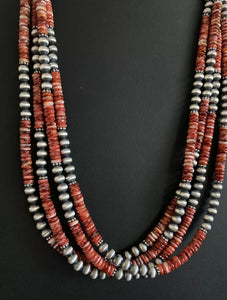 Sterling Silver Multi Strand Red Spiny Oyster Navajo Pearls Bead Necklace 26”