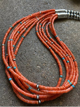 Load image into Gallery viewer, Sterling Silver Multi Strand Orange Coral W Turquoise Bead Necklace. 24 inch