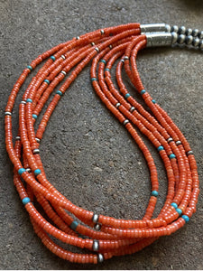 Sterling Silver Multi Strand Orange Coral W Turquoise Bead Necklace. 24 inch