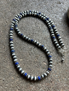 Sterling Silver Blue Lapis W 6mm Pearls Bead Necklace. 24 inch