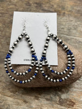 Load image into Gallery viewer, Sterling Silver Pearls Double Loop Lapis Bead Earrings.