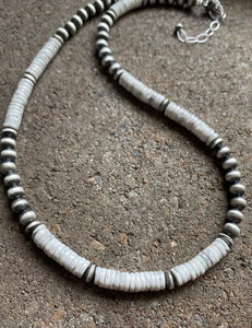 Sterling Silver White Buffalo Turquoise W Navajo Pearls Bead Necklace. 18 inch