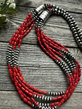 Load image into Gallery viewer, Sterling Silver Multi Strand Red Bamboo Coral Bead Necklace 30 Inch