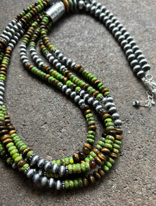 Sterling Silver Multi Strand Green Turquoise Tigers Eye Bead Necklace. 30 inch